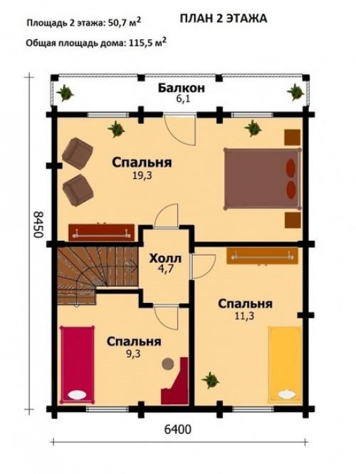 План и реализация дома из бруса, дом с мансардой, площадь - 116 кв. 02
