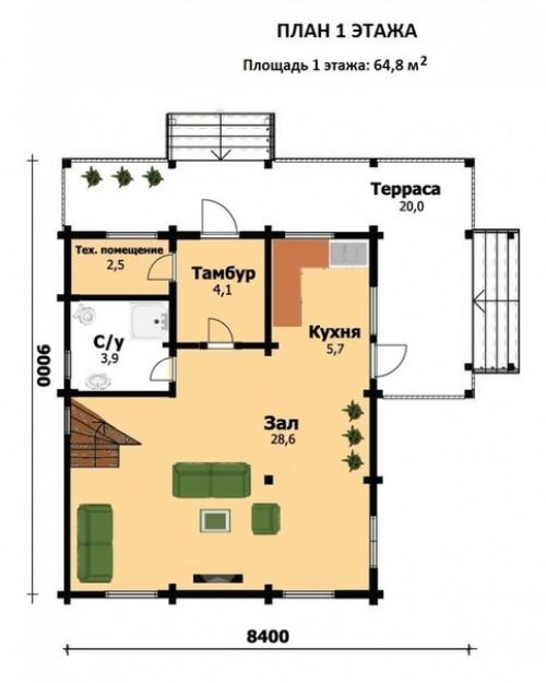 План и реализация дома из бруса, дом с мансардой, площадь - 116 кв. 01